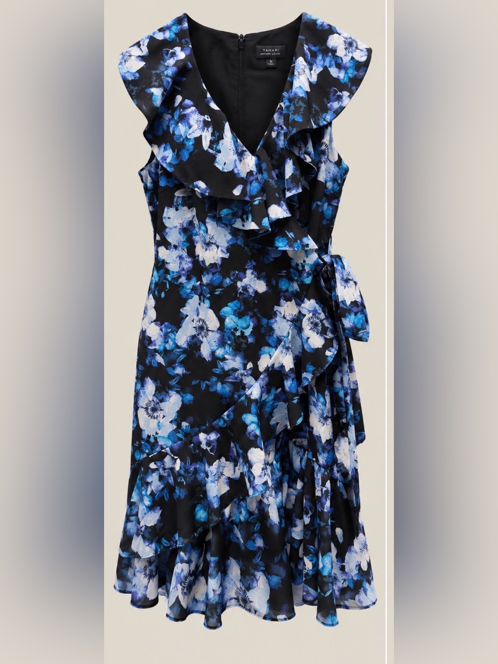 Tahari Black and Blue Floral Asymmetrical Ruffle Wrap Dress
